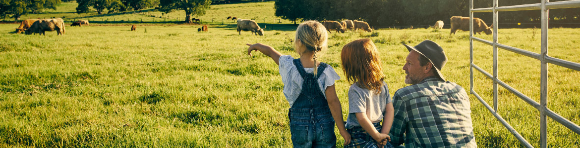 Dad and two girls in Agriculture Field with cows