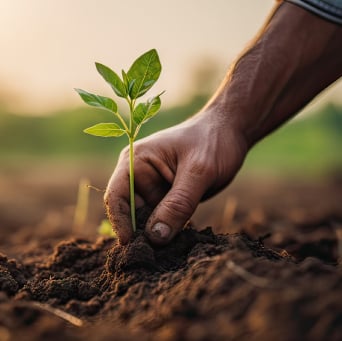 Farmer's Hands Planting Seedling in Regenerative Agriculture Field: Close-Up Shot. Sustainable Farming and Eco-Friendly Agriculture