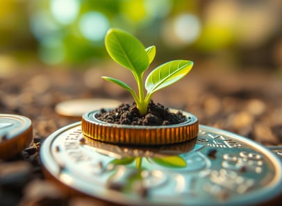 A seedling is growing on a coin lying on the ground